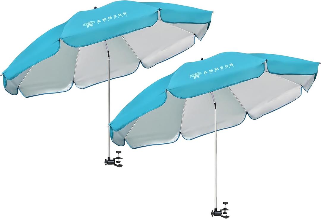 AMMSUN XL Chair Umbrella with Universal Clamp Adjustable 52 inches and 360-degree Swivel UPF 50+, Portable Clamp on Camping or Beach Chair, Stroller, Wheelchair, Golf cart, Bright Blue, 2 PACK (Bright Blue-2 PACK)