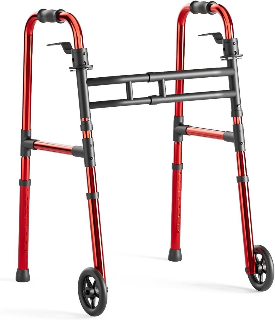 Loyoda Walkers for Seniors Foldable, Aluminum Lightweight Walker with Wheels, Adjustable Height & Width Standard Walkers for Elderly & Disabled, 350 lbs Capacity, Red