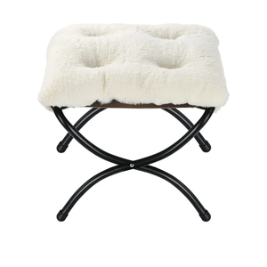15" Foldable Foot Stool Ottoman with Metal Frame - Washable Faux Fur Grey Upholstered Indoor/Outdoor Footrest for Living Room, Bedroom, Patio - Space-Saving Compact Design