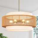 25.6" Rattan Chandelier, 6-Light Large Rattan Pendant Light with Fabric Lampshade, Farmhouse Boho Light Fixture Ceiling Hanging for Dining Room, Living Room, Bedroom, Kitchen Island, Hallway, Foyer