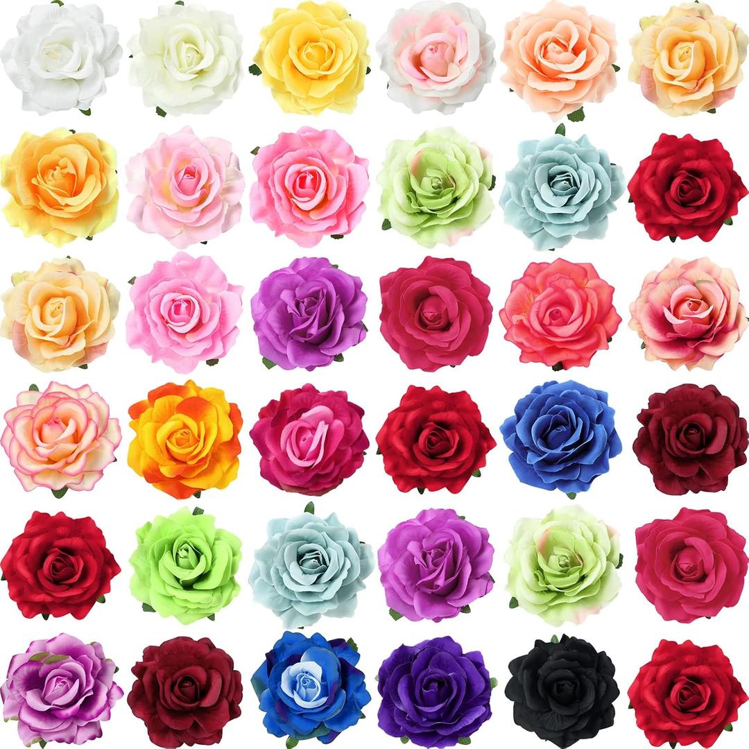 Waydress 30 Packs 4 Inch Flower Hair Clip Rose Hair Accessories Floral Hairpin Brooch Flowers Pin Brooch for Bridal Headpiece Accessories Wedding(28 Colors)