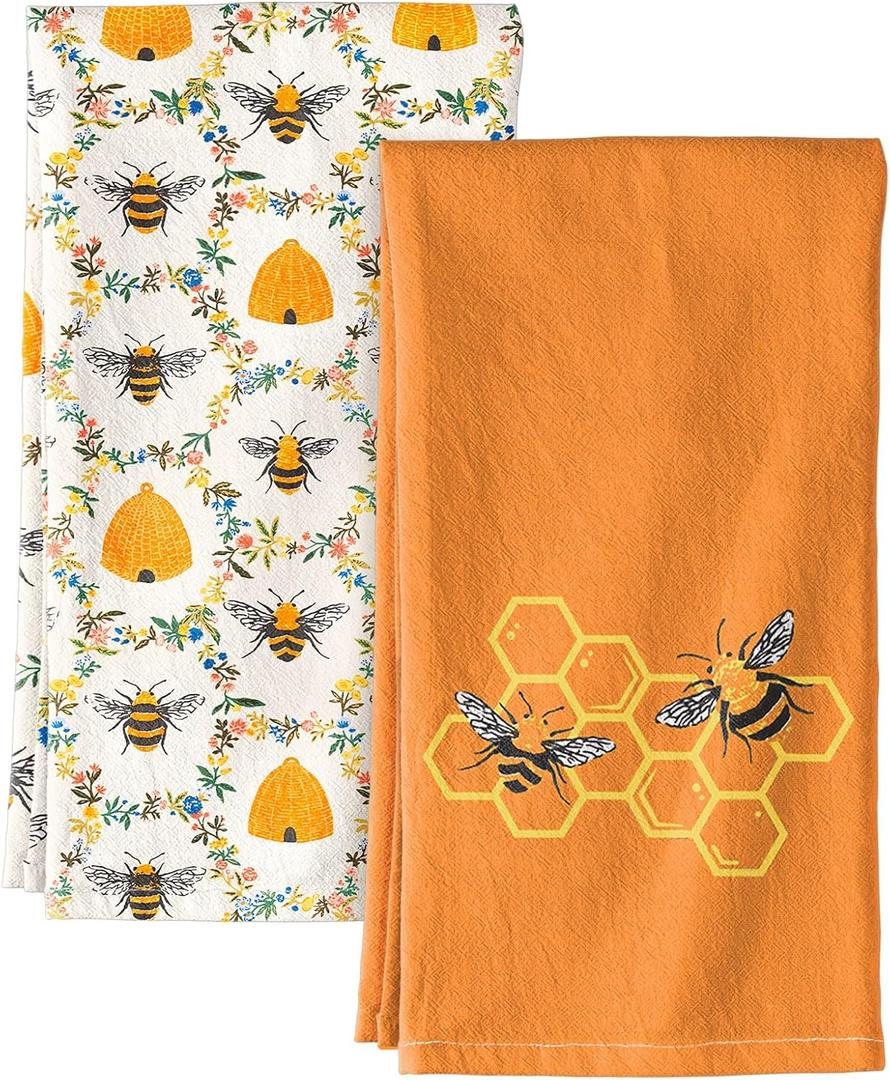 2 Pack Flour Sack Kitchen Towels - 16x26 Inch Cotton Dish Towels with Hanging Loop Reusable Geometric Boho Modern Retro Tea Towel Absorbent Dishcloths Home Decor, Orange Bee