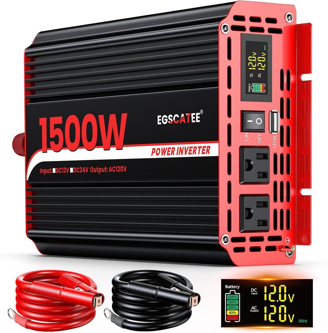 1500W Power Inverter 12V DC to 110V/120V AC Converter, Peak Power 3000W Car Inverter with LCD Display, 2 AC Outlets, 3.1A USB Port for Vehicles, Camping, Travel, Emergency Use (Red)
