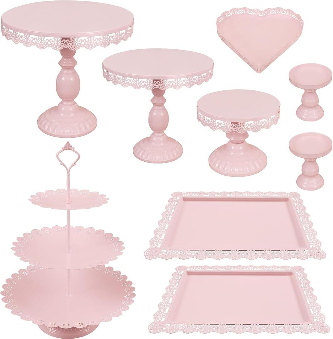 Set of 9 Cake Stands Metal Cupcake Stand Set Multiple Styles Candy Fruit Display Tower Dessert Plate Cake Serving Tray for Birthday Party Wedding Anniversary Baby Shower Engagement (Pink)