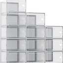Kuject XX-Large Shoe Storage Boxes Organizers Clear Plastic Stackable 12 Pack, Shoe Rack & Holder Substitute, Sneaker Containers, Shoe Storage Organizer Bins for Closet, Under Bed, Grey(No Fold Line)