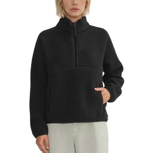 Slouchy Fleece Sweatshirts for Women Half Zip Stand Collar Pullovers Fuzzy Warm Sherpa Cropped Hoodie with Pockets (Small, Black)