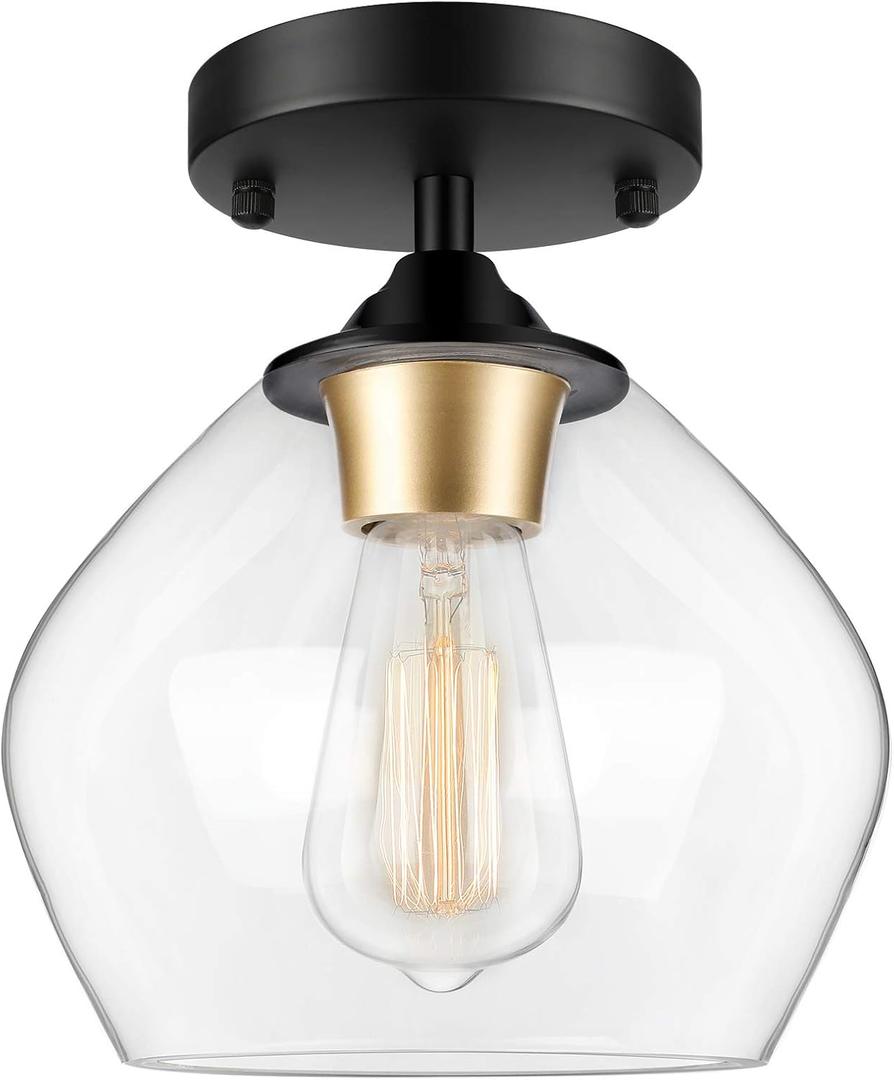 Modern Semi Flush Mount Ceiling Light with Clear Glass Shade, Industrial Close to Ceiling Light, Black Hanging Ceiling Light Fixture for Hallway, Bedroom, Dining Room, Entryway, Foyer