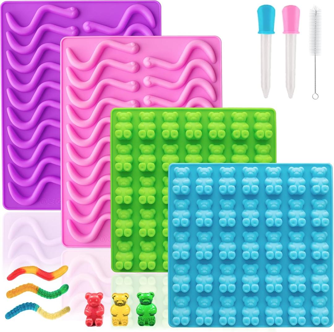Large Gummy Bear and Worm Molds Silicone, Food-Grade Non-Stick Candy Molds Fruit Snack Molds BPA-Free with 2 Droppers & 1 Cleaning Brush, Set of 4