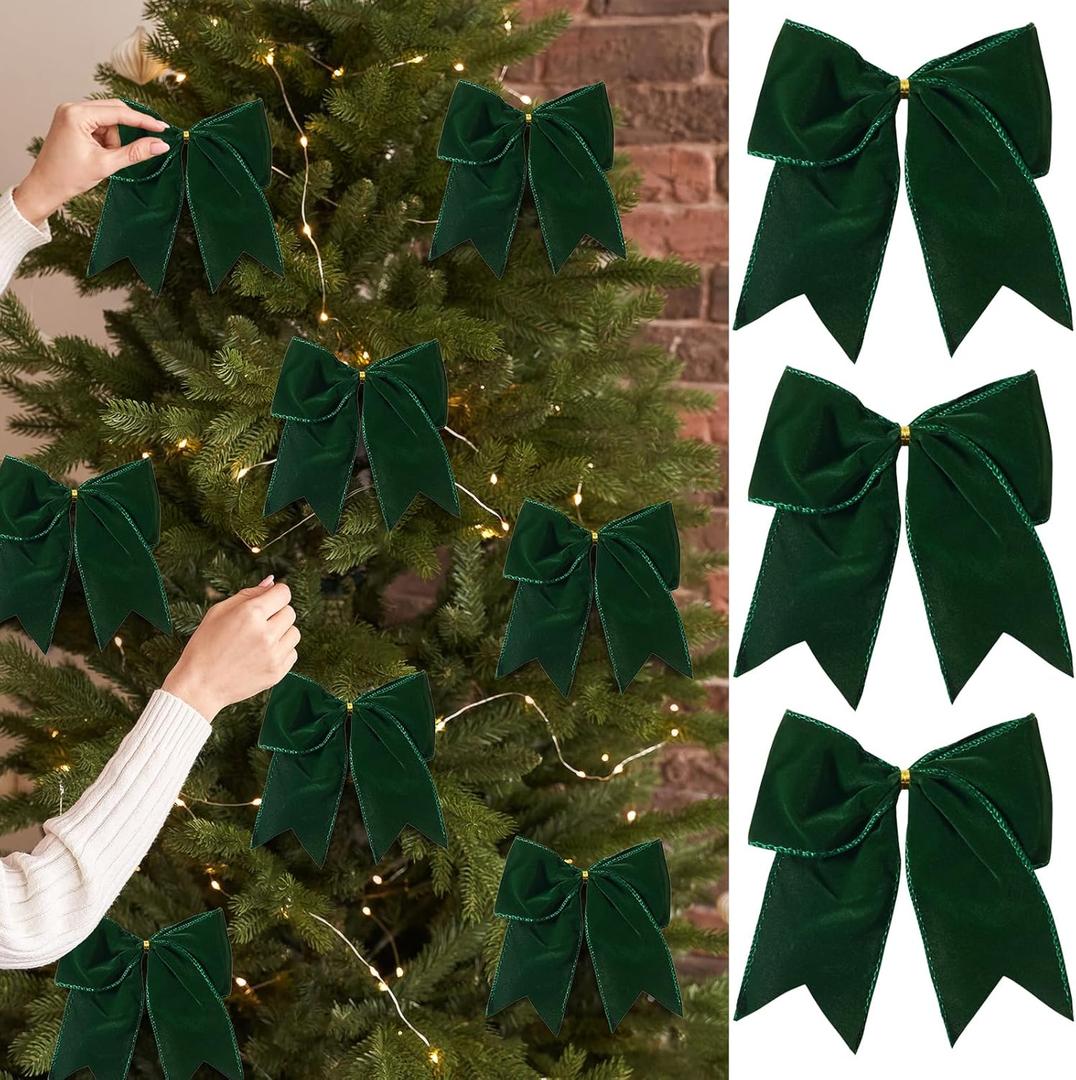 15 Pcs Velvet Bows for Christmas Tree - 6 Inch Vintage Velvet Ribbon Christmas Bows for Gift Wrapping Xmas Tree Topper Bow Ornaments for Garland Wreath Bows Decor (Dark Green)
