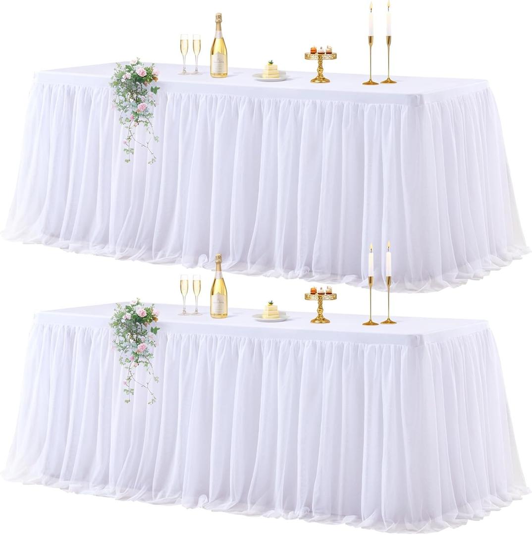 Wish Care 2 Pack White Tulle Table Cloth for 6 Foot Rectangle Tables White Tutu Desk Skirt Stretch Fitted Rectangular Tablecloths Wrinkle Free Ruffle Table Cover for Wedding Birthday Party Banquet