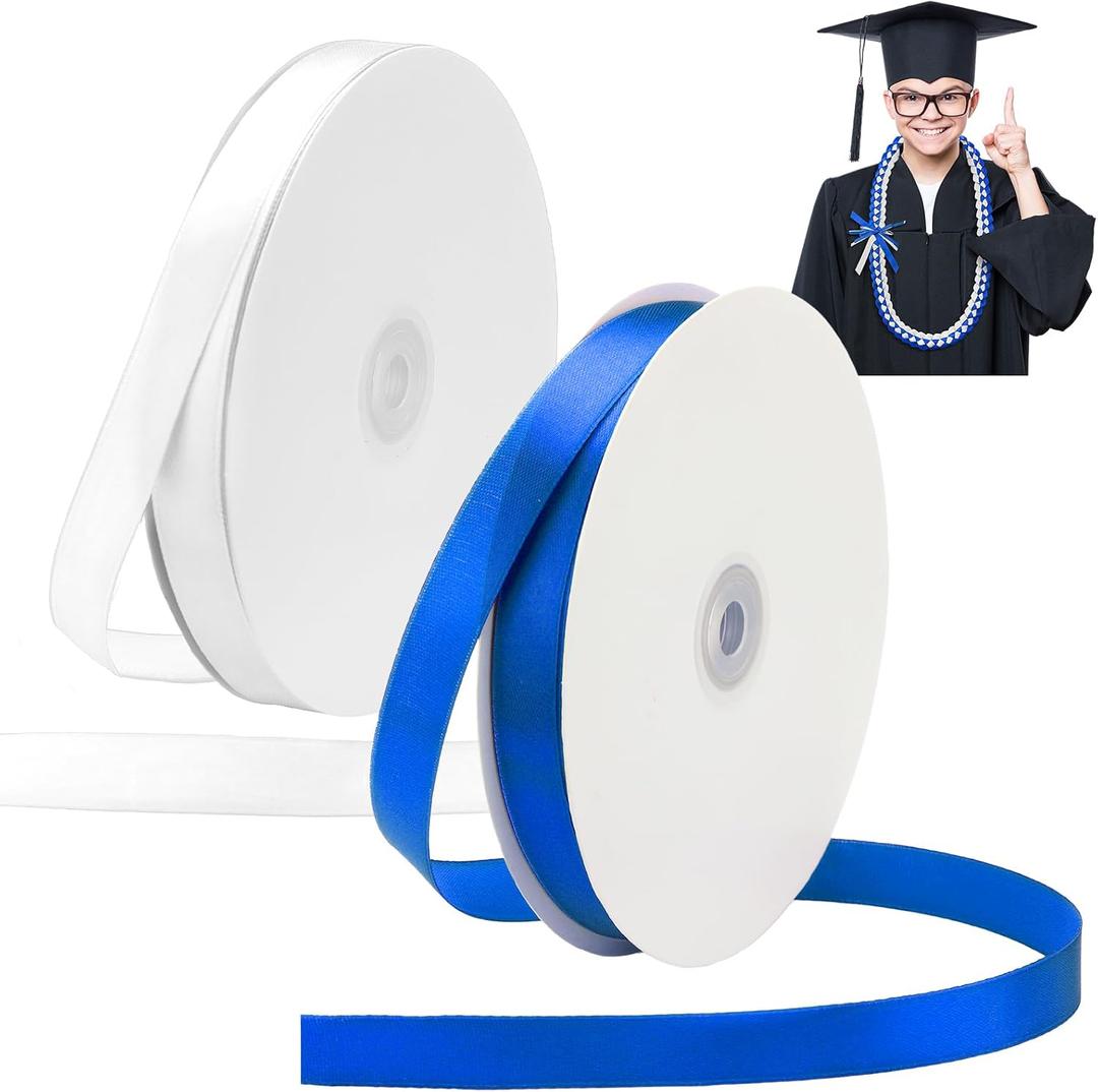 FineCheer 2 Rolls Graduation Ribbon for Lei Class of 2026 Graduation Necklace DIY Braided Ribbon for Gift Wrapping School College Graduation Party Accessories, 0.6 Inch x 100 Yds(White, Blue)
