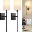 24.8 inch Battery Operated Wall Sconces Set of 2 with Remote, Rechargeable Wireless Wall Lights with Beige Fabric Shade, Indoor Not Hardwired Dimmable for Bedroom Living Room Decor (Flax and Black)
