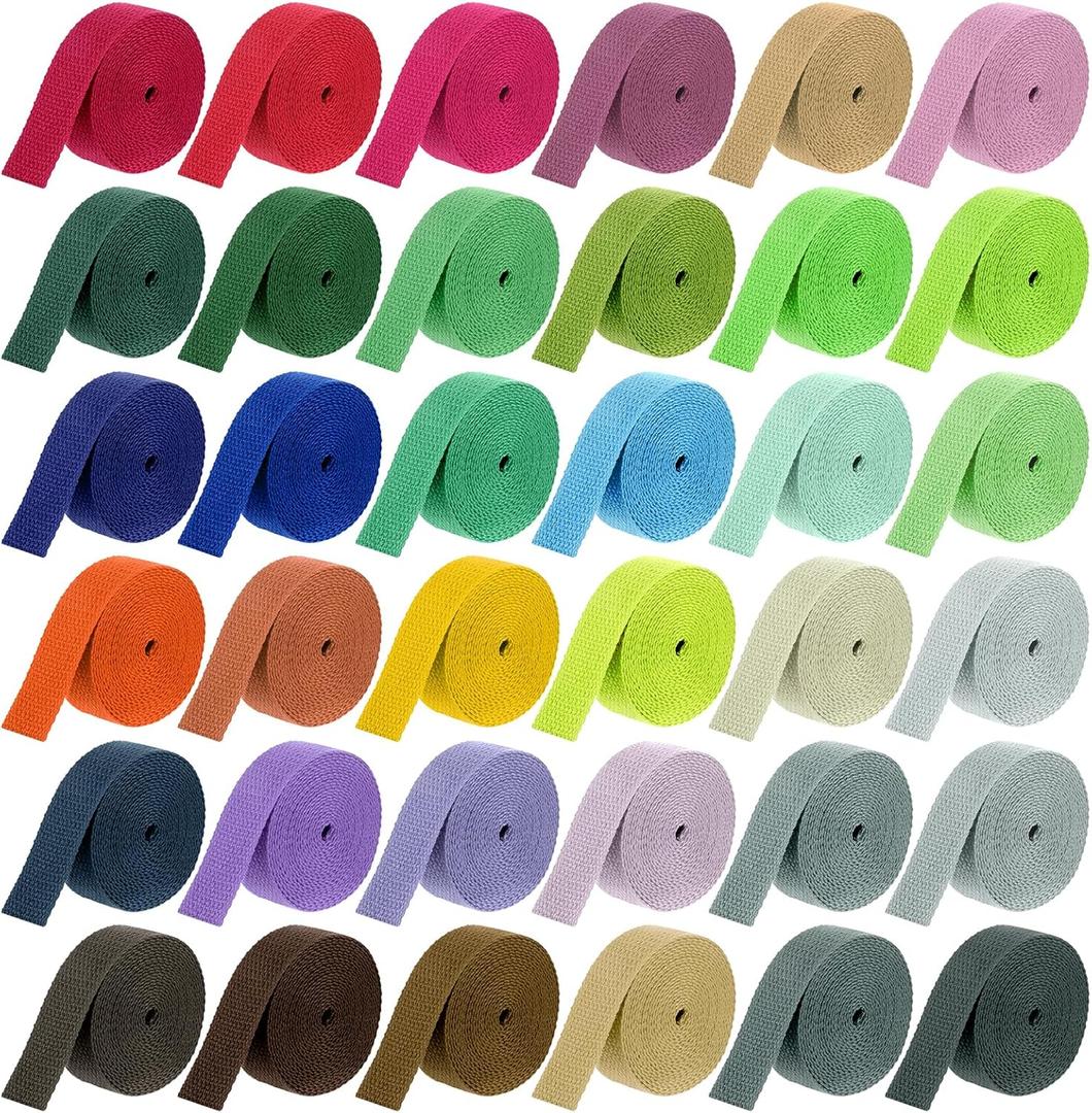 36 Rolls 1 Inch Wide Heavy Cotton Webbing 118 Yards 32 Colors Polyester Cotton Webbing Strap Tote Bag Webbing for Tote Bag Purse Strap Cloth Belt Crafts Outdoor Accessories Supplies