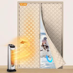 Yotache Magnetic Thermal Insulated Door Curtain for 72x80 inch Doors, Curtain Size 74" x 82" Weatherproof Oxford & Cotton Fill Door Covers to Keep Warm in Winter, Beige