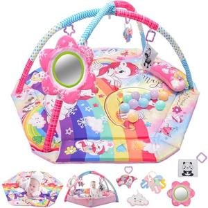 BATTOP Baby Gym Play Mat, 8-in-1 Tummy Time Activity Mat & Ball Pit with 6 Toys, Washable Sensory Playmat for Visual/Hearing/Motor Development, Newborn Gift 0-12 Months (Pink)