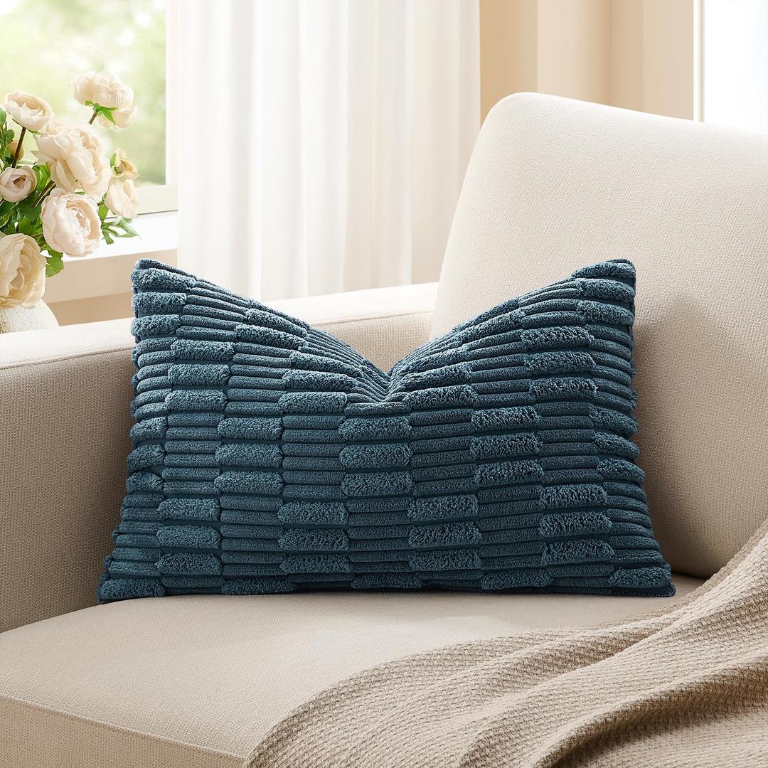 Kevin Textile 14x20 Inch Lumbar Pillow Cover 1 Pack Soft Plush Stripe Decorative Rectangle Cushion Elegant Double-Sided Corduroy Texture Pillow Cover for Couch Sofa Chair Bed Home Decor, Dusty Blue