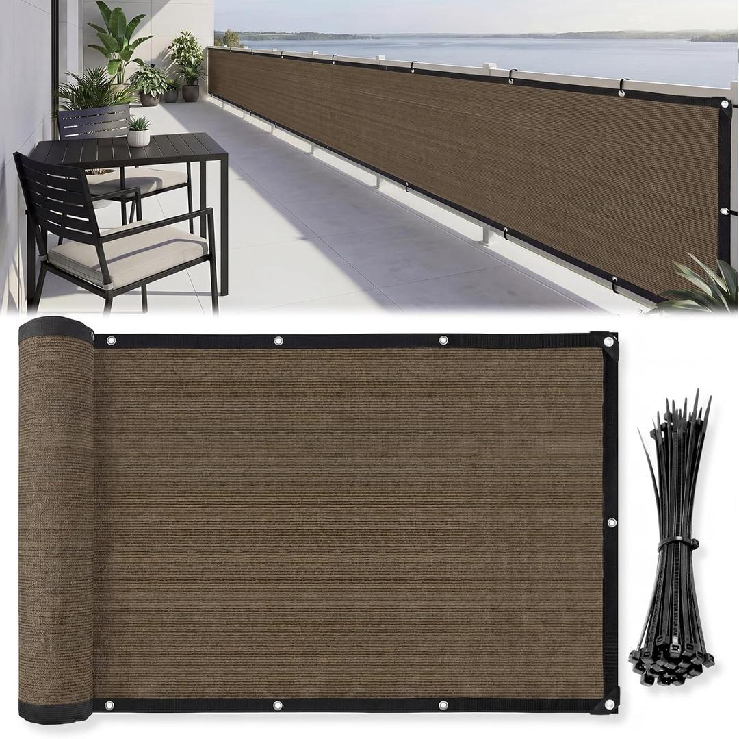CroBlissful 1 Pcs 3' x 30' Brown Balcony Privacy Screen Fence Cover, Heavy Duty 170 GSM Privacy Screen with Grommets & Zip Ties, Breathable Mesh Fence for Patio Deck Backyard Porch, Railing Shield 90%