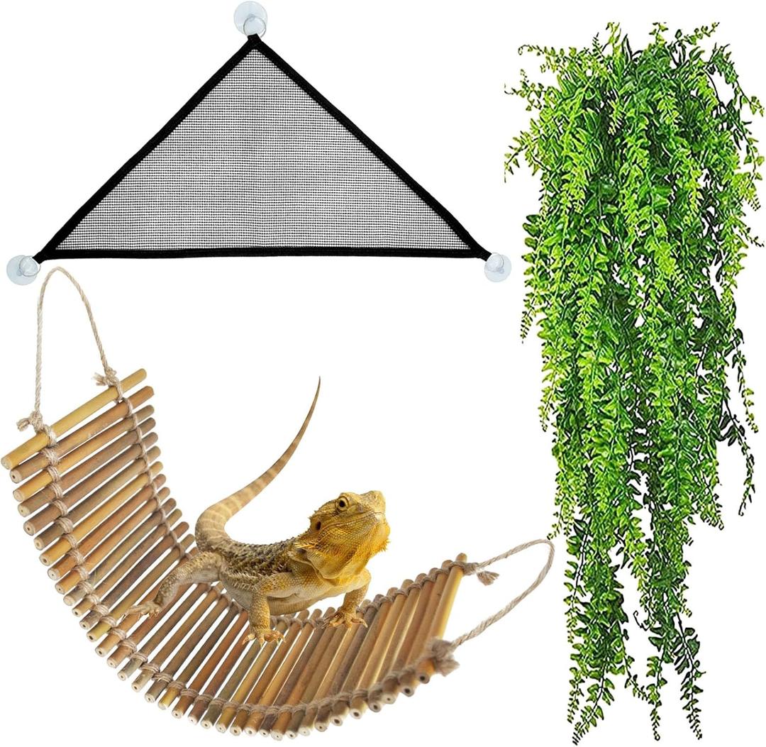 kathson Reptile Bridge for Terrarium, Bearded Dragon Wooden Bridges Gecko Hammock with Hanging Plants Lizard Lounger Bamboo Ladder Reptiles Tank Accessories Climbing for Chameleons Geckos Snakes (3Pcs) (Large)