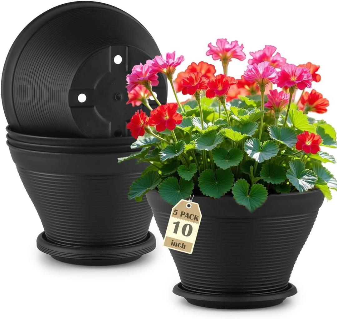 5 Pack 10 Inch Plant Pots with Saucers, Plastic Flower Pots with Drainage Holes, Large Planters for Indoor Outdoor Garden, House Plants, Flowers, Herbs, Gardening Gifts, Black