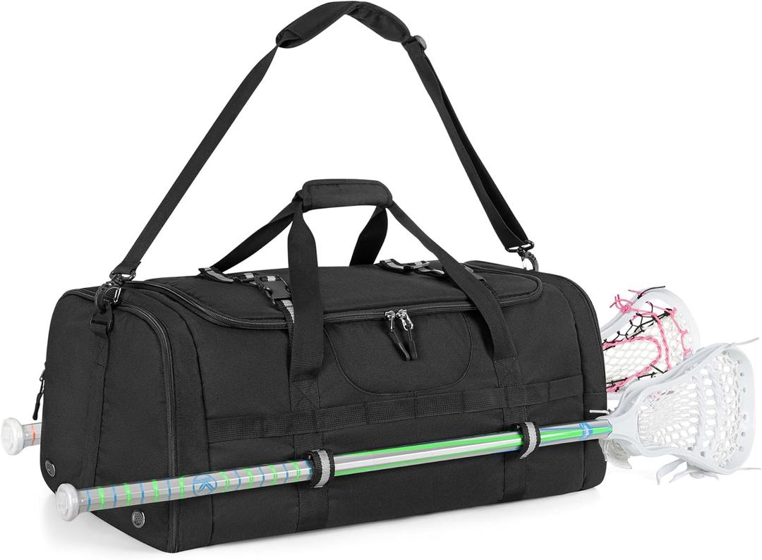 Lacrosse Bag Holds 2 Sticks and Shoes, Lacrosse Equipment Backpack with External Helmet Holder and Multi Pockets for All of Your LAX Gear, Black
