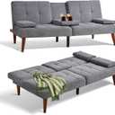 COLAMY Futon Sofa Bed-Fabric Small Futon Couch, Convertible Design with 2 Cup Holders, Removable Soft Armrest, Adjustable Backrest for Dorm/Bedroom/College Lightgrey