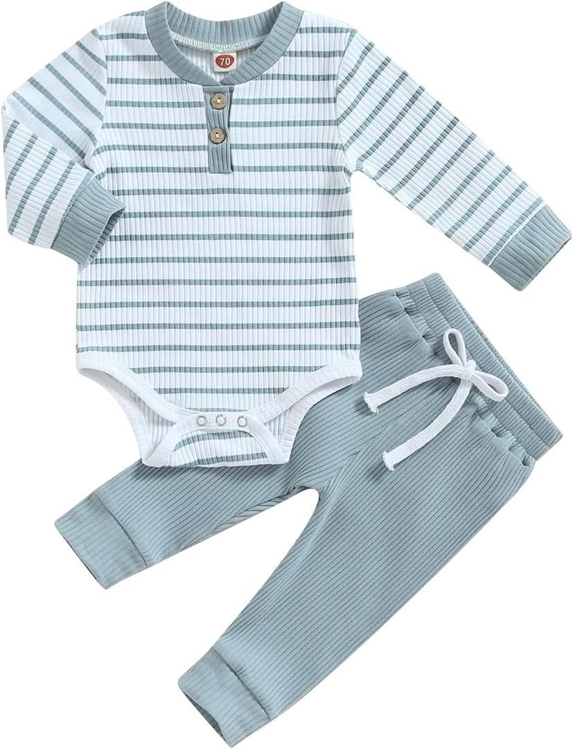 Newborn Baby Boy Girl Clothes Ribbed Knitted Long Sleeve Romper Pants Solid Cotton Infant Fall Winter Outfits 2Pcs (12-18 Months, Striped Blue)