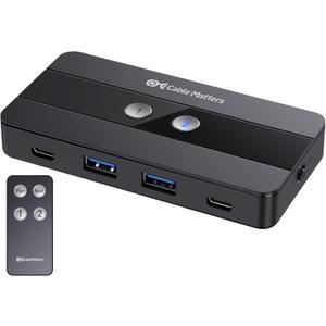 Cable Matters USB C Switch for 2 Computers with Remote Control, 10Gbps Data Transfer, Shares 2X USB-A and 2X USBC Peripherals (Keyboard, Mouse, Printer, SSD), Data Only - No Video, No Host Charging