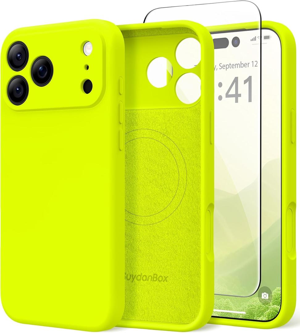 Magnetic for iPhone 17 Pro Max Case, Compatible with MagSafe, [Full Camera Protection][Screen Protector] Silicone Shockproof Protective Phone Case for iPhone 17 Pro Max, Fluorescent Green