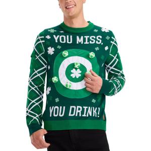 Tipsy Elves St. Patricks Day Game Sweater - Funny Interactive Party Pullover with Toss Game (Green, XXXL)