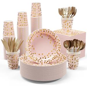 Pink and Gold Party Supplies - 350 PCS Disposable Dinnerware Set - Pink Paper Plates Napkins Cups, Gold Plastic Forks Knives Spoon for Graduation, Birthday, Thanksgiving, Cocktail Party