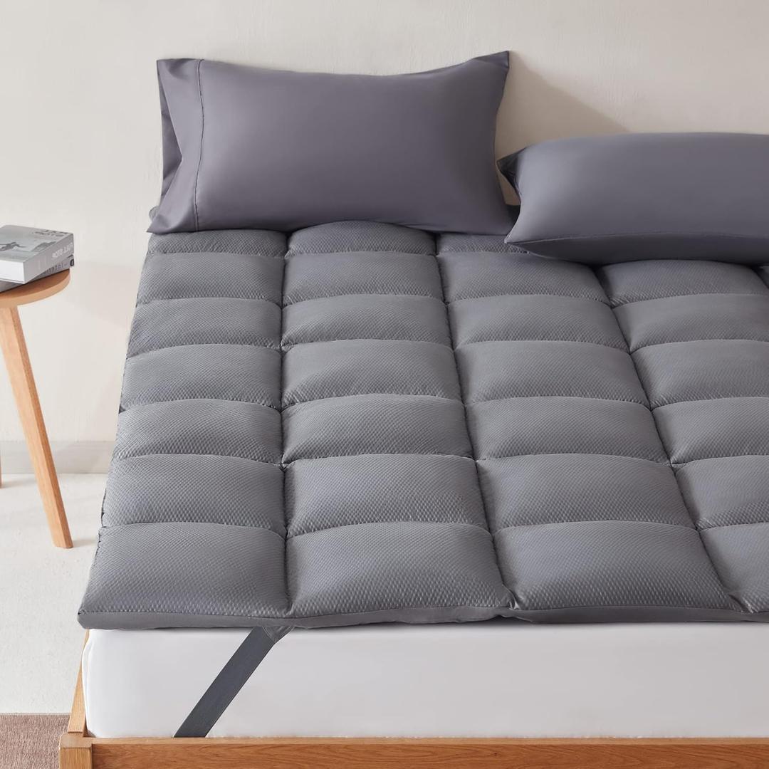SLEEP ZONE Cooling Mattress Topper Full Size Quilted Fitted Mattress Pad Cover, Soft Fluffy Down Alternative Pillow Top Bed Topper Deep Pocket 8-21 Inch (Grey, Full) (Full Standard Version)