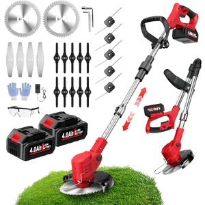 FULLYEA Electric Weed Wacker Cordless, Foldable Grass Trimmer with 2*4.0Ah Batteries & Charger, Brush Cutter Battery Powered with 3 Types Blades, Lawn Mover Lightweight Weed Eater for Lawn Yard Garden, 35.43 inches