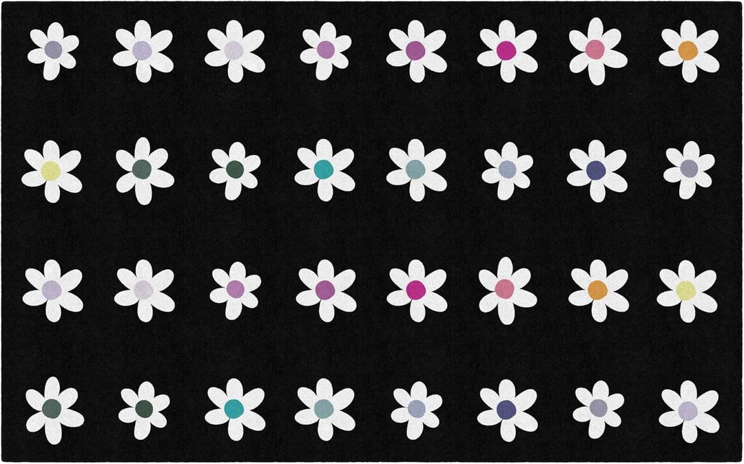 Flagship Carpets Schoolgirl Style Daisies on Black Criss-Cross Applesauce Educational Area Rug for Kids Room, Children's Classroom, Play Carpet for Teaching and Playroom, 7'6" x 12', Seats 32