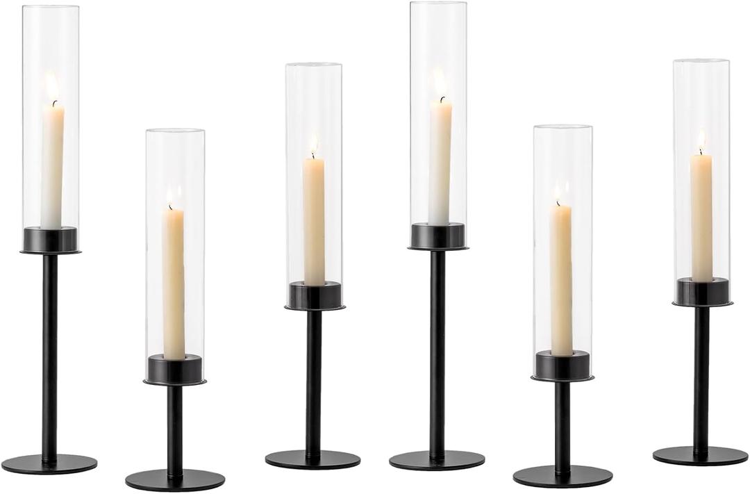 Hewory Black Candlestick Holders Hurricane Candle Holder, 6Pcs Candle Stick Candle Holder Candelabra, Taper Candle Holders with Glass Candle Cover for Wedding Table Centerpiece Christmas Decor