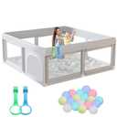 50 x 50 inch Baby Playpen with Ocean Balls and Pull Rings, Playpen for Babies and Toddlers, Baby Fence Playards, Safe Structure and Soft, Skin-Friendly Fabric with Zipper Gates, Grey + Balls, 50"x50"