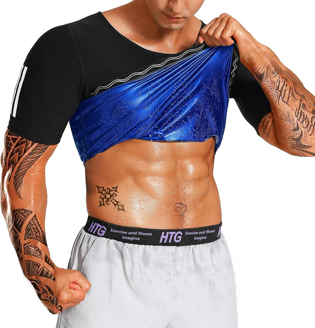 LMCOB Men's Sauna Workout Sweat Shirt - Weight Loss Compression Vest Gym Exercise Shirt (XX-Large, Blue Lining)