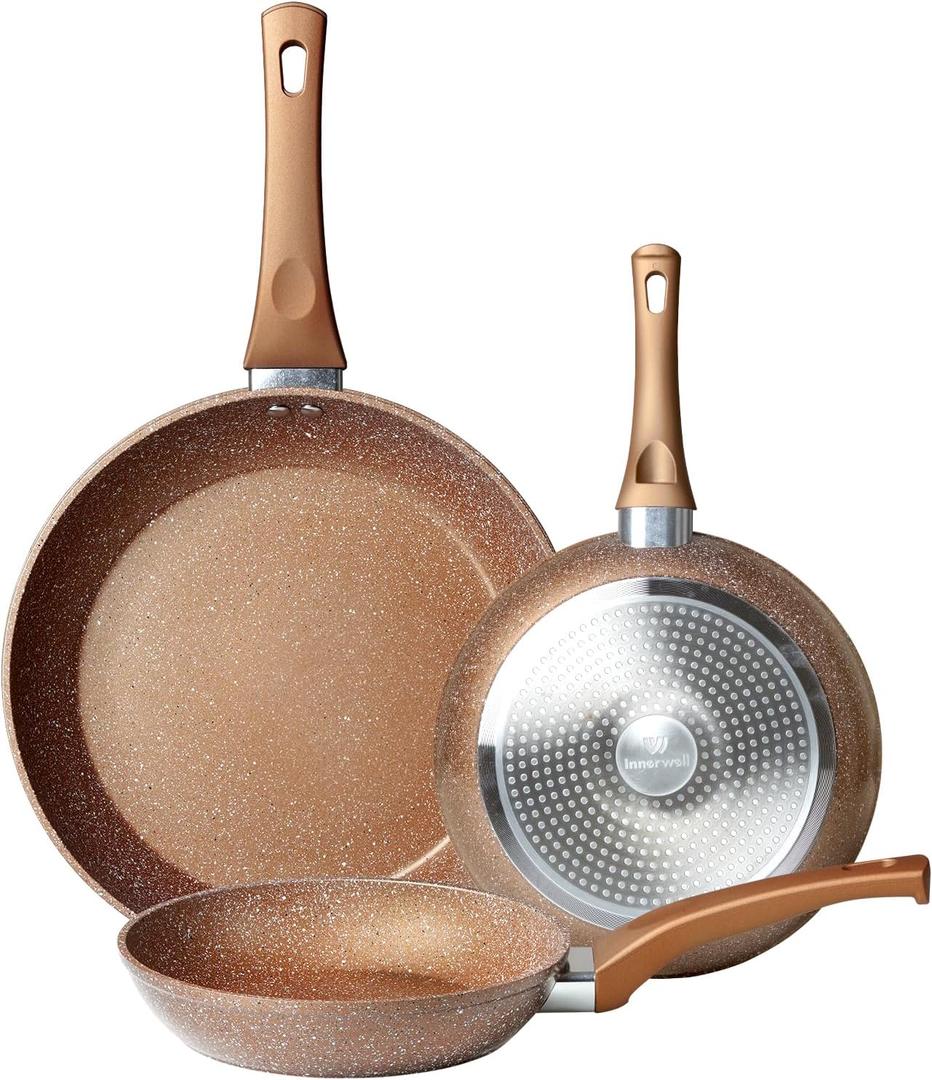Nonstick Frying Pan Set, Set of 3 Non Stick Frying Pans, Gold Granite Induction Cookware, 8inch&9.5inch&11inch Skillet Omelette Egg Frying Pan Set, kitchen Cooking Pan Set, PFOA&PFAS Free (Gold-8Inch+9.5Inch+11Inch)