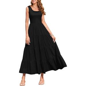 Women's 2025 Casual Loose Plain Maxi Sundress Smocked Tank Dress Sleeveless Summer Beach Tiered Long Dress  Size XL