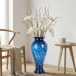 20" Tall Teal Glass Vases,Large Hand Blown Sea Glass Flowers Vase for Floor,Jarrones Grandes para Sala Elegantes, Pretty Modern Ocean Blue Flowers Vases for Living Room Wedding Decor