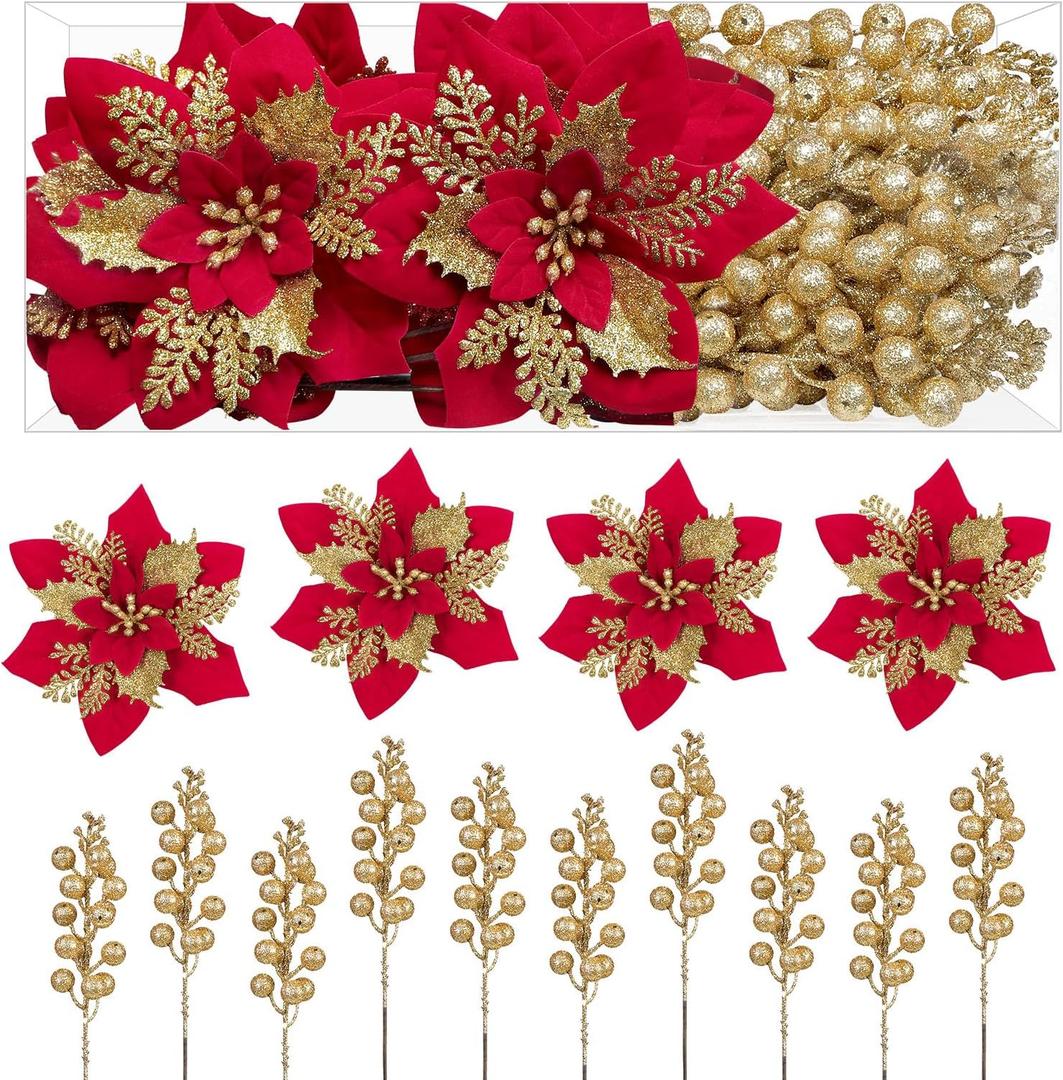 Alupssuc 24 Pieces Christmas Tree Decorations, 12 PCS Red&Gold Poinsettia Flowers Artificial and 12 PCS Glitter Christmas Tree Picks for Christmas Decorations Party Wreath Fireplace Stairs, Red&Gold