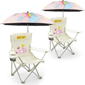 2 Pack Kids Camping Chair - Kids Beach Chair with Umbrella - Foldable Storage Cup Holder Durable, wear-Resistant, Non-Slip, Lightweight Design for Beach, Patio, Outdoors, Lawn (Pink+Pink)