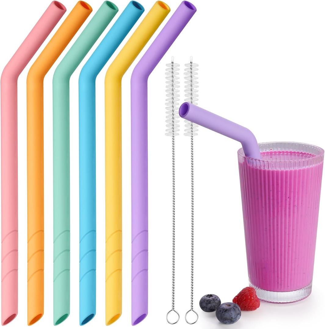 NiHome 6-Pack Extra Wide Reusable Bent Silicone Straws for Boba, Smoothies, Bubble Tea, Bent Straws Eco-Friendly & Colorful for Thick Drinks, Child-Safe, Customizable Length, 2 Brushes Easy Cleaning (Rainbow Colors)
