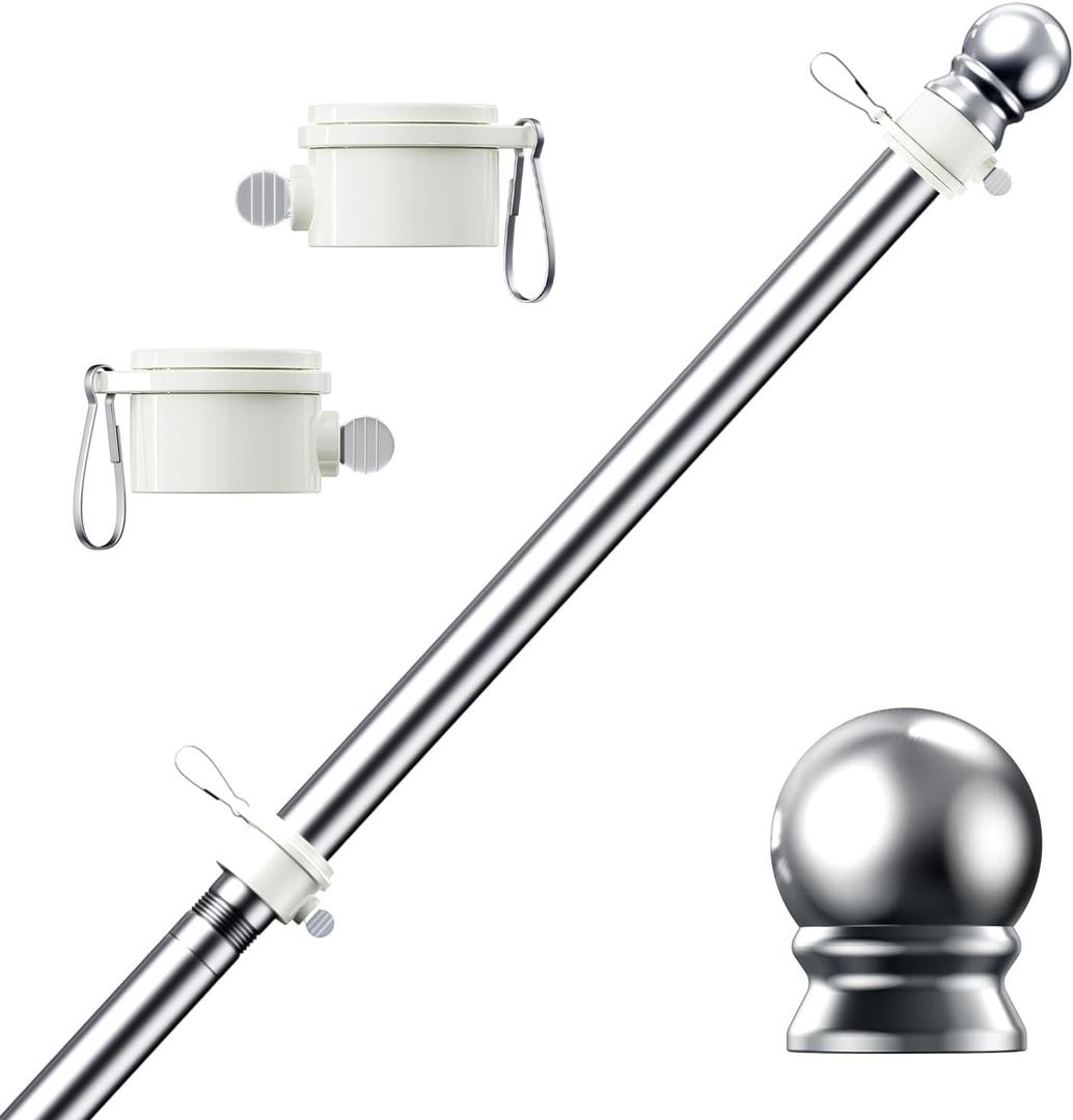 PHITRIC 6 FT Flag Pole Kit, Tangle Free Spinning Weather Resistant Rustproof Stainless Steel Flagpole Suitable for 3x5 Heavy Garden Flag 1" Dia Flag Pole for Outdoor or Outdoor Wall-Mounted Flagpole (SILVER)