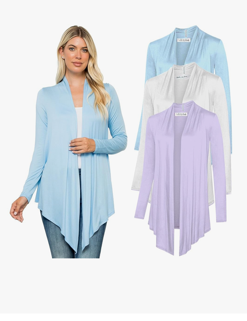 Free to Live 3 Pack Long Sleeve Cardigan for Women Open Front Dressy Casual Fall Draped Lightweight Sweaters Cover Up Shrugs , Medium
