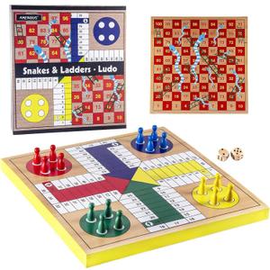 AMEROUS 12 inches Wooden Ludo Board Game - Snakes and Ladders, 2 in 1 Reversible, 1-4 Players Family Dice Games Set for Kids, Adults, Classics Tabletop Version (Gift Box Packed)