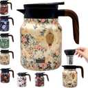 Vintage Floral Pattern Tea Pots – Built-in Infuser, Vintage Floral Teapot with Built In Infuser Stainless Steel Thermal Carafe with Lid for Hot Drinks, Pink(Wooden handle, 35oz)