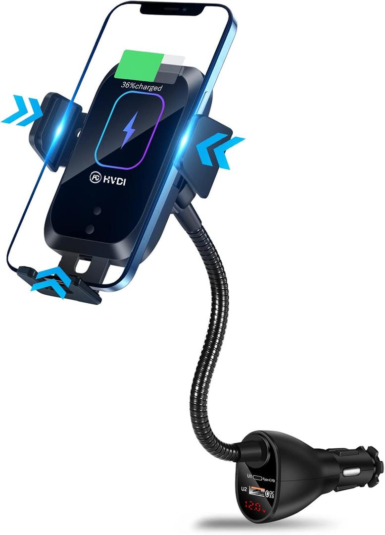HVDI Wireless Car Charger Mount,Car Cigarette Lighter 15W Qi Fast Charging Auto-Clamping Dual QC 3.0 Port Air Vent Car Charger Phone Holder,for iPhone 13 Pro Max/12/11/XR/X/8,Samsung S21/S20/S10/9/8
