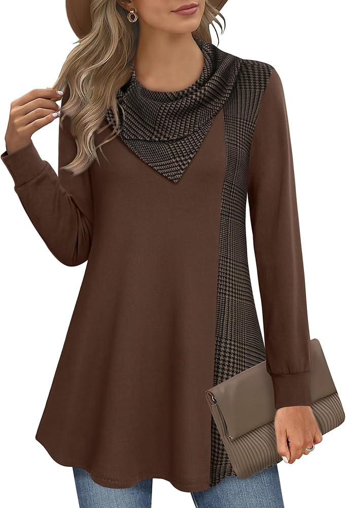 Youtalia Long Tunics for Women, Ladies Tops for Leggings Warm Cowl Neck Shirt Fashion Check Contrast Pullover Tunic Sweatshirts Coffee Houndstooth Medium