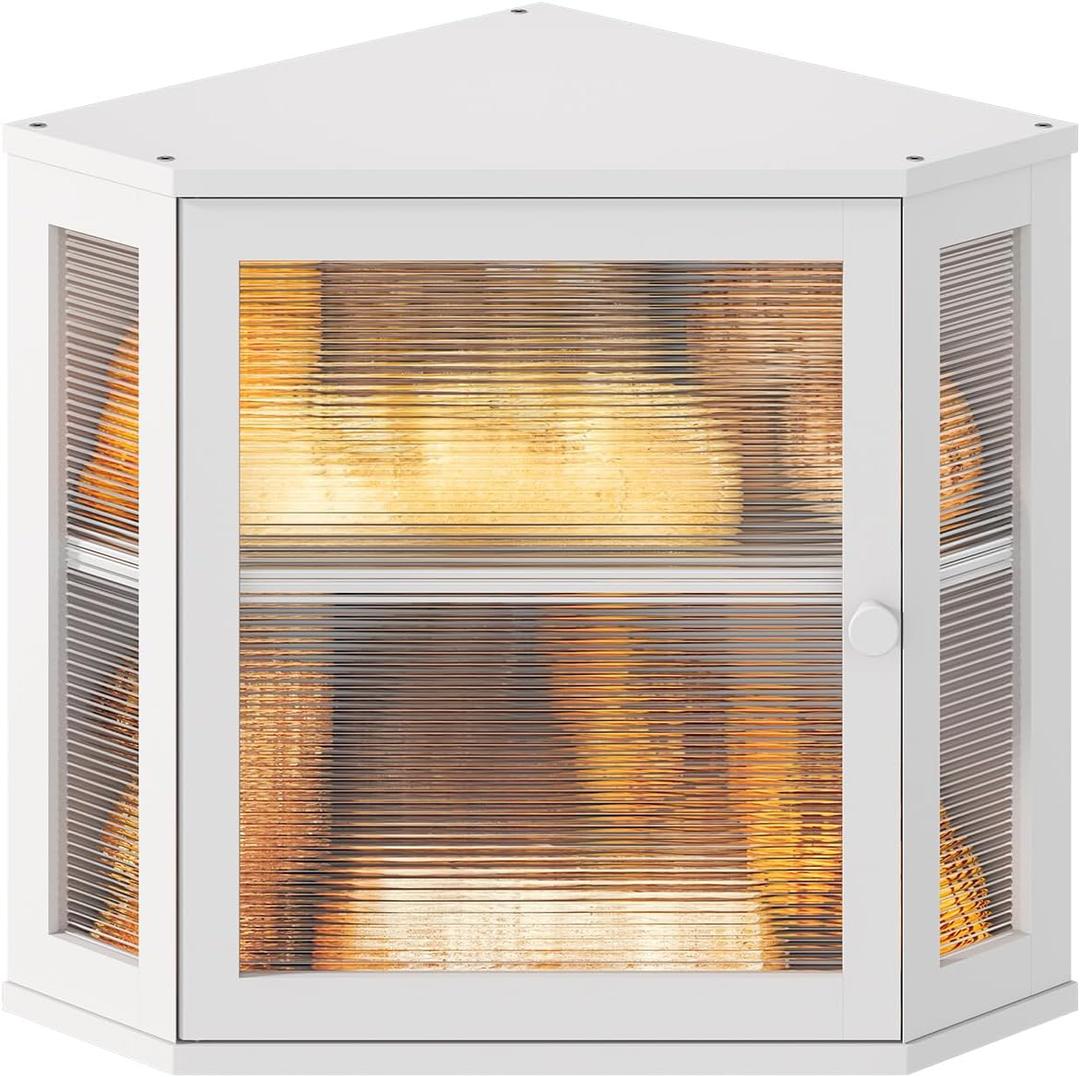 Corner Bread box for Kitchen Countertop,Farmhouse Bread Box with Acrylic Wavy Door Panel,Large Bread box for kitchen countertop,Kitchen Countertop Food Storage Container (White, Meduim)