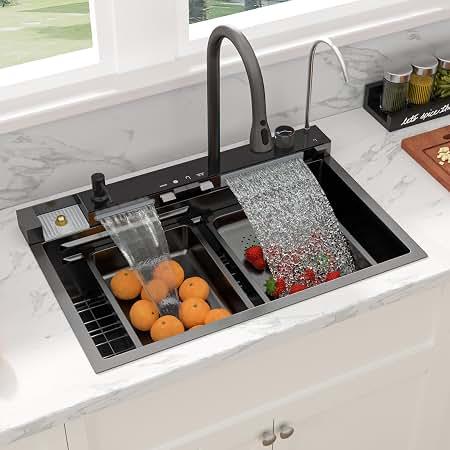 Sarlai Waterfall Kitchen Sink - 30 Inch Drop In Workstation Sink With Waterfall Black Stainless Steel 16 Gauge Multifunction Single Bowl Smart Top Mount Kitchen Sinks with Mechanical Keys 30x19 Inch
